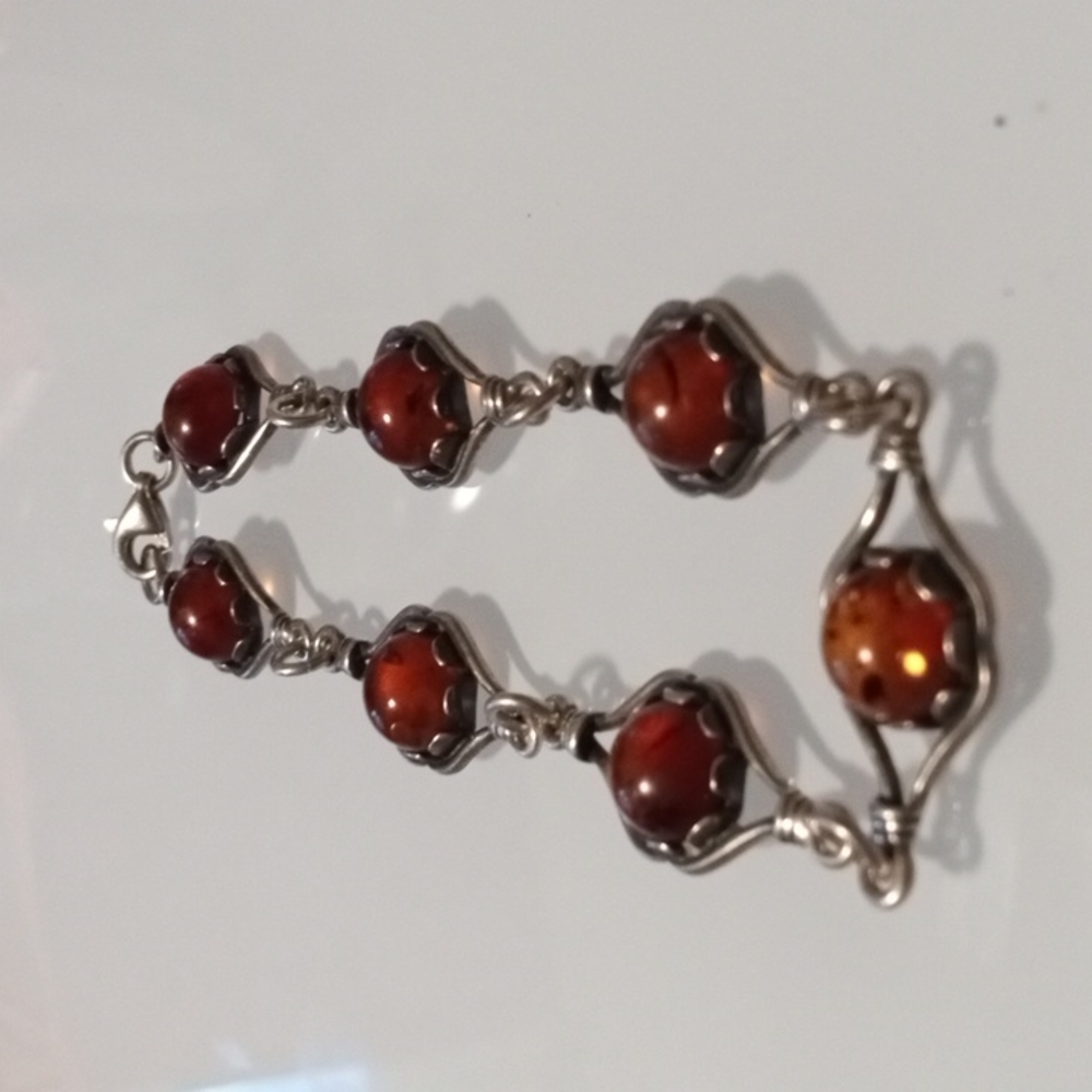 🌻Beautiful Victorian Genuine Sterling Silver & Baltic Amber Link Bracelet - Picture 3 of 12